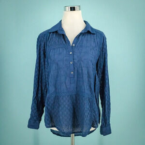 Sundance Size Small S Blue Eyelet Embroidered Lace Long Sleeve Cotton Boho Top